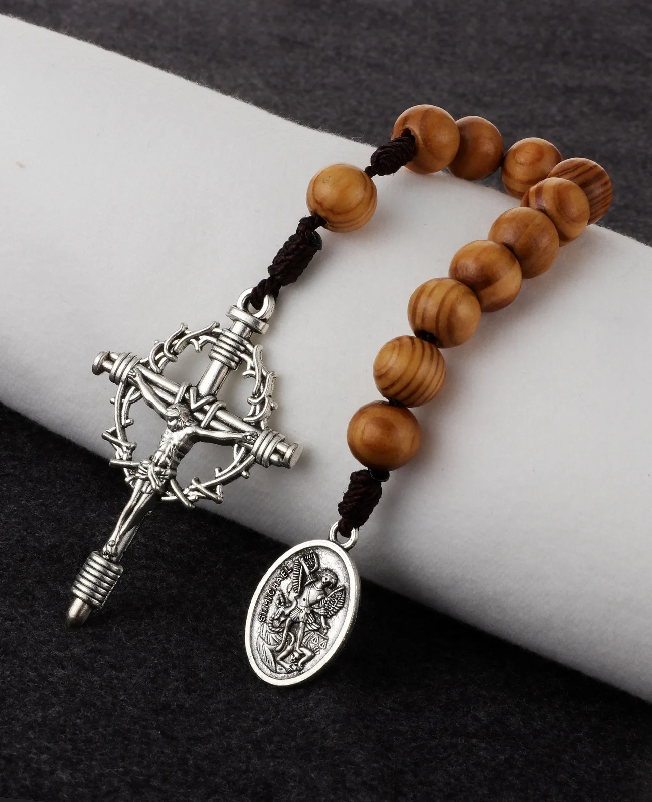 تاج الكرمة من الشوك الصليب مسمار الصليب سانت مايكل ميدالية جيب الوردية اليدوية خشبية خرز للصلاة العقد الأول سلسلة شابليت