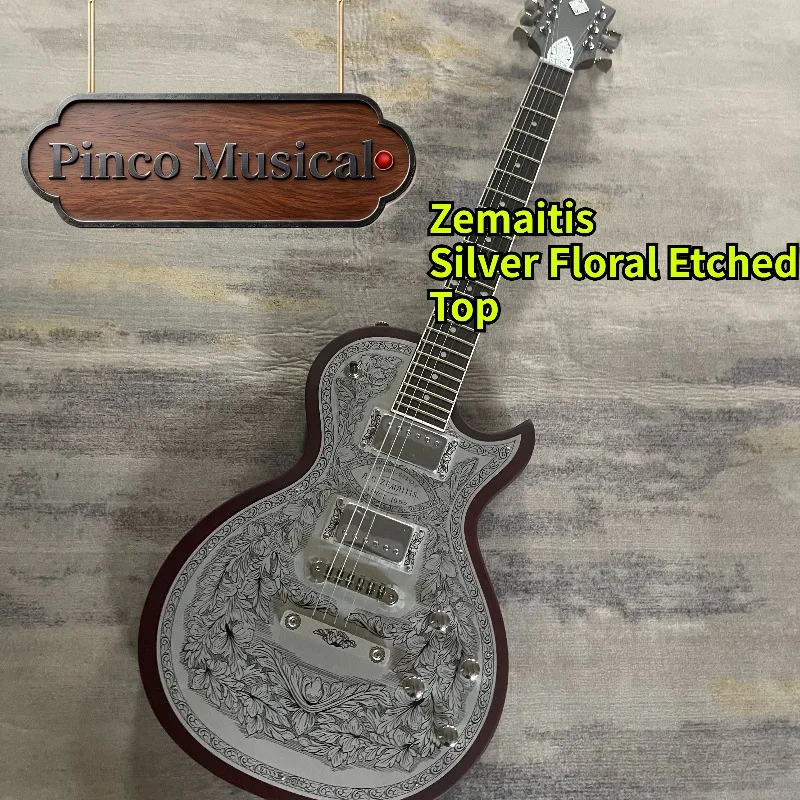 Zemait Metal Front Engraved Electric Guitar Silver Floral Etched Top 1955 HH Covered Humbuckers Fixed Bridge Collectible