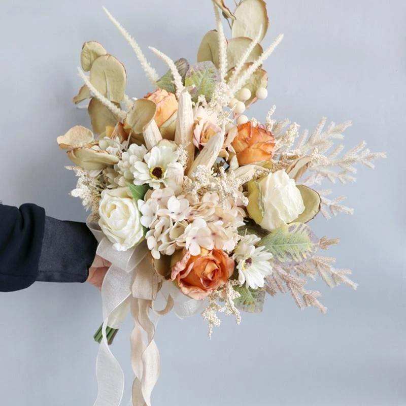 Delicate Silk Flower Ensembles Beautiful Faux Champagne Hand Tied Bouquet for Birthday and Festival Decors 15UB