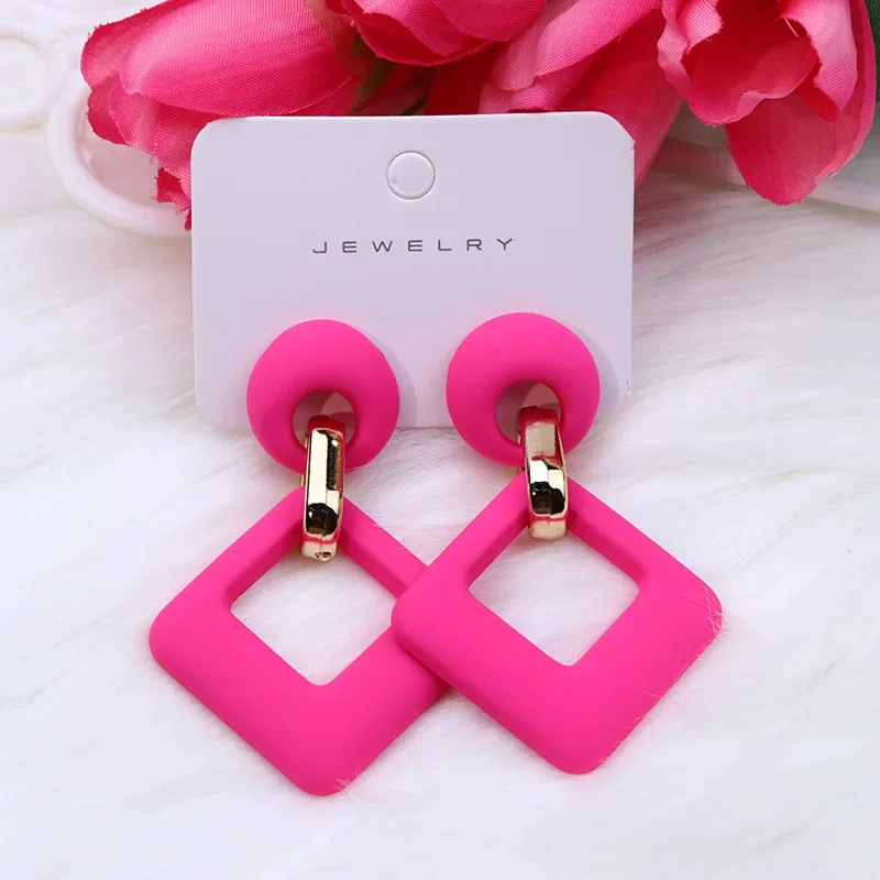 Trendy Geometric Large Acrylic Colorful Earrings for Women Sweet Hollow Square Long Drop Dangle Earrings Female Fashion Jewelry