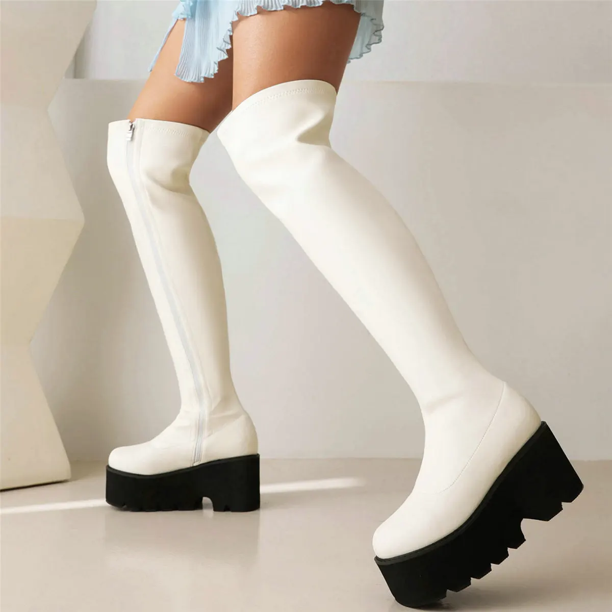 Black White Red Pink Pumps Shoes Women Wedges High Heel Over The Knee High Boots Female Round Toe Fashion Sneakers Casual Shoes