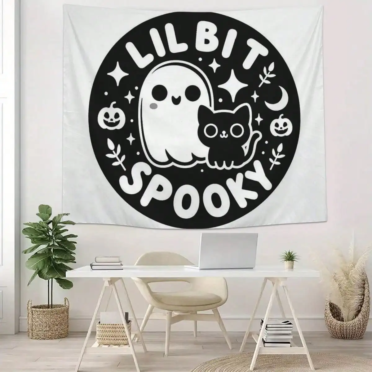 Lil Bit Spooky Cute Ghost Black Cat Tapestry, Halloween Soft Cute Style Wall Hanging, Suitable For Bedroom Living Room Office Decor, Indoor Use, Horizontal, Fabric, Multi-Size Available