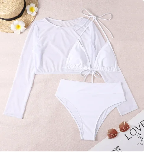 2024 neue 3 Stück Set Badeanzug Frauen Tanga Bade bekleidung sexy Bikini mit hoher Taille Set mit Sarong Rock weißen Beach wear Badeanzug