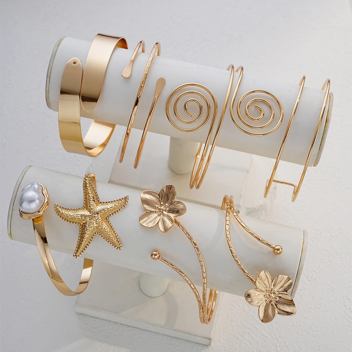6-teiliges Set Boho Blumen-Seestern Spiral-Armreifen für Frauen Mehrschichtige Geometrische Verstellbare Armreifen Täglicher Schmuck Neu – Detail 6