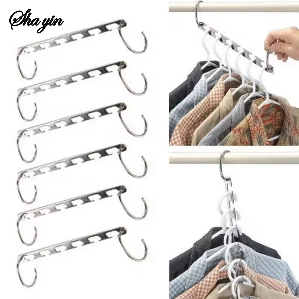 Multi Functional Magic Clothes Hanger, Stainless Steel 6-Hole Hanger, Metal Folding Clothes Dryer, Wall Cabinet Storage Rack