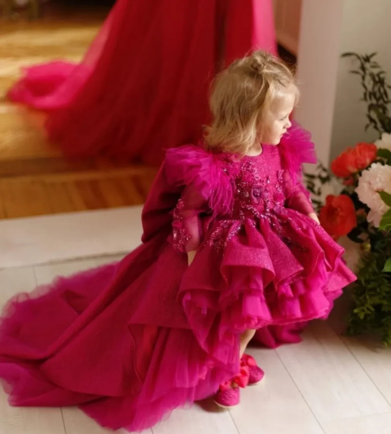 

Gorgeous Hot Pink Baby Girl Birthday Dress with Big Bow Long Sleeves Feather Princess Pageant Prom Dresses with Train