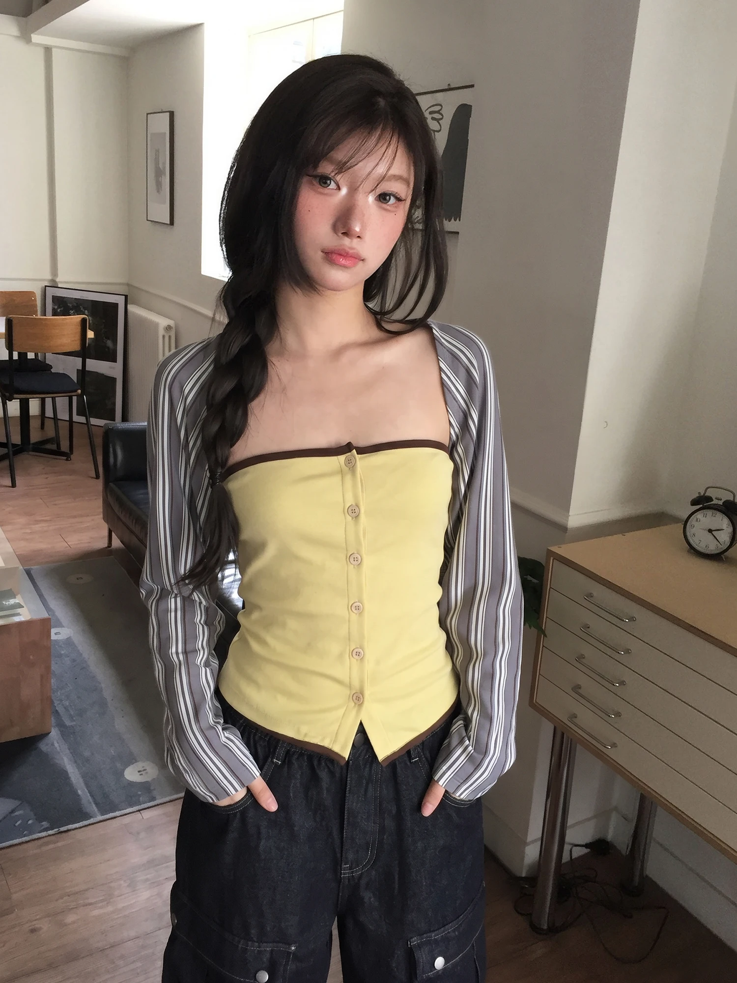Yellow Single-Button Wrap Top Women's Inner Wear Autumn Korean Style Striped Long Sleeve Sun Protection Open Cardigan Two-Pie...