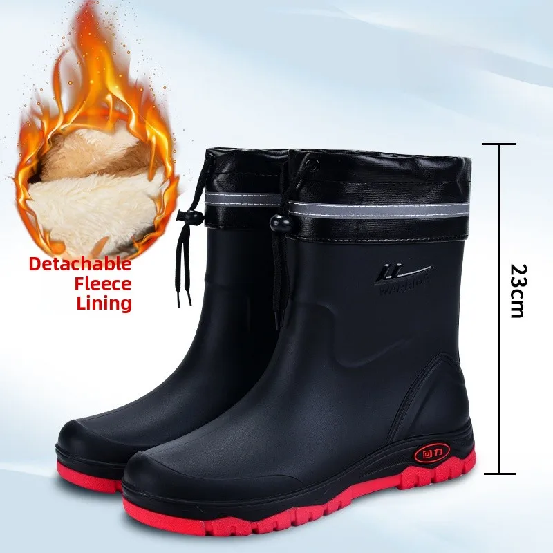 

Waterproof Men's Rain Boots Thick Bottom Lightweight Winter Fleece Lined Warm Removable Long Velvet Cover Anti-slip Rain Boot...