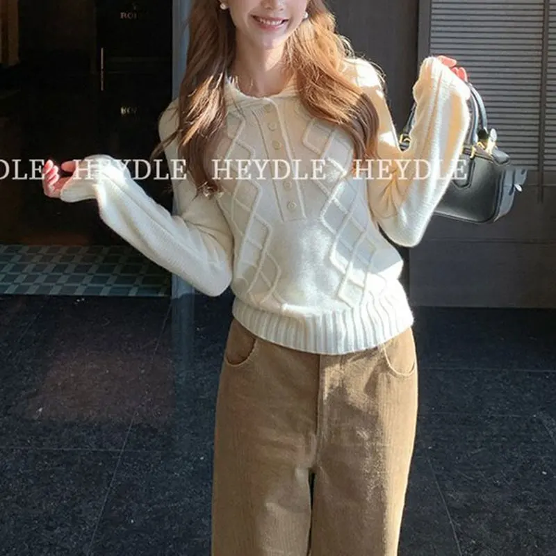 الأساسية خمر بلون محبوك البلوفرات الملابس النسائية بدوره إلى أسفل طوق زر الخريف الشتاء عارضة طويلة الأكمام البلوزات #5