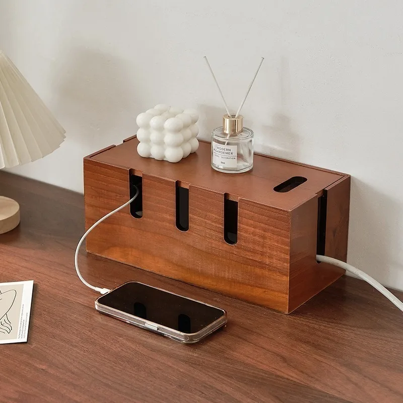 Wire Storage Box Wooden Cable Organizer Box Phone Charging Cord Arrangement Case Desktop Power Cord Collection Practical Tool