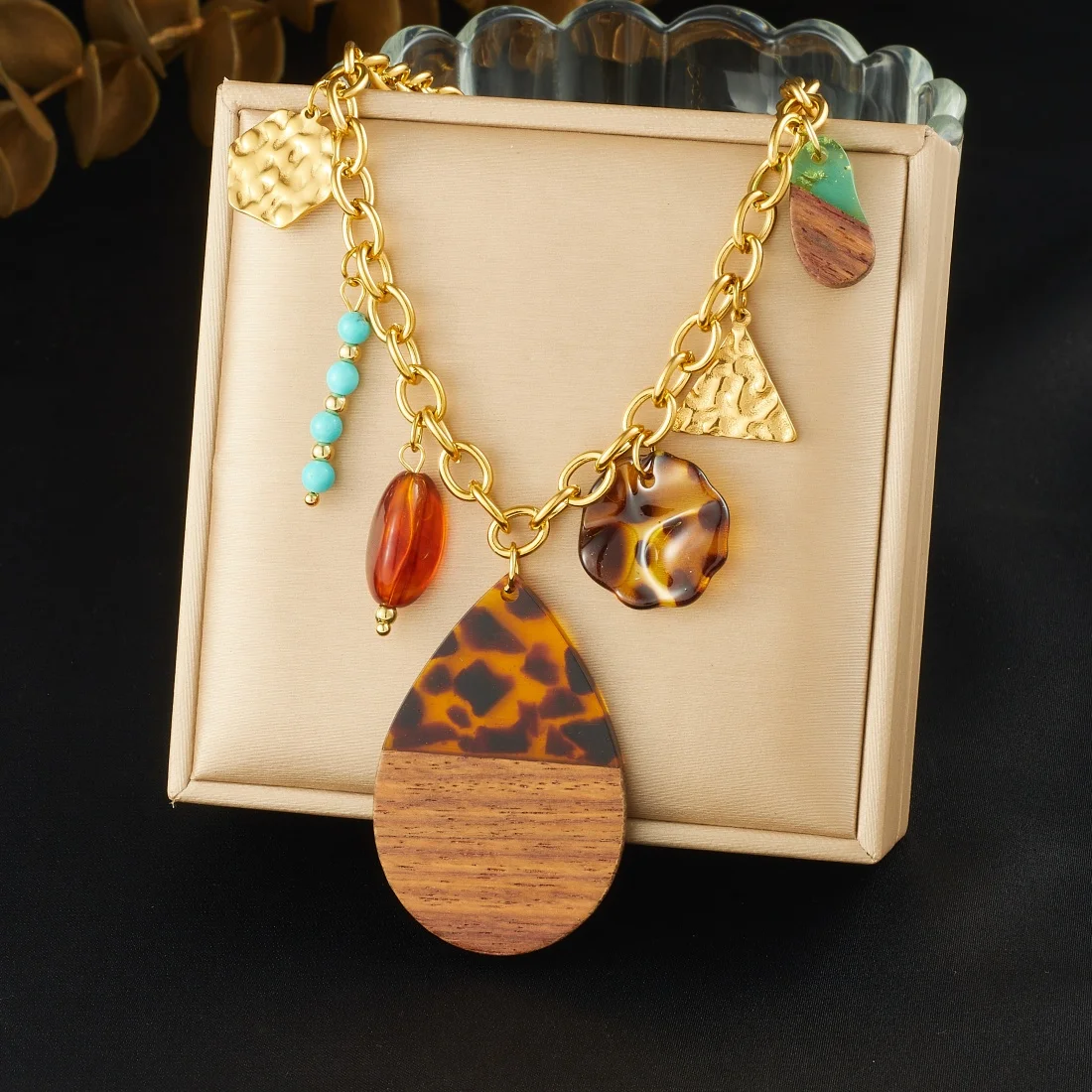 LAMENGLY 316L الفولاذ المقاوم للصدأ العرقية نمط العنبر الاكريليك الخشب الربط قطرة الماء قلادة قلادة سيدة رواية الاتجاه مجوهرات #5