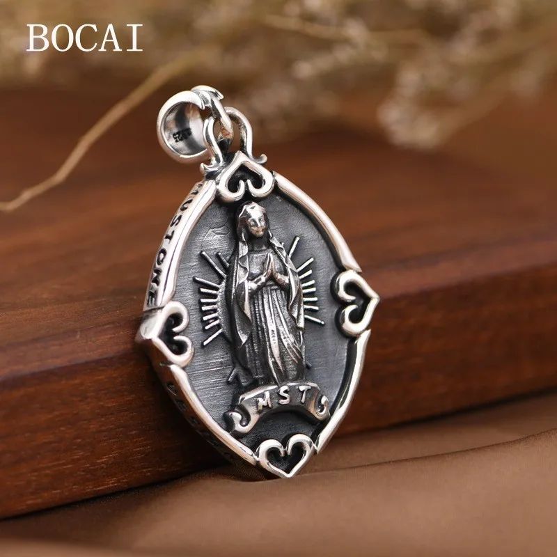 BOCAI New S925 Silver Jewelry Accessories Retro Made Old Diamond Cross Maria Pendant For Men And Women