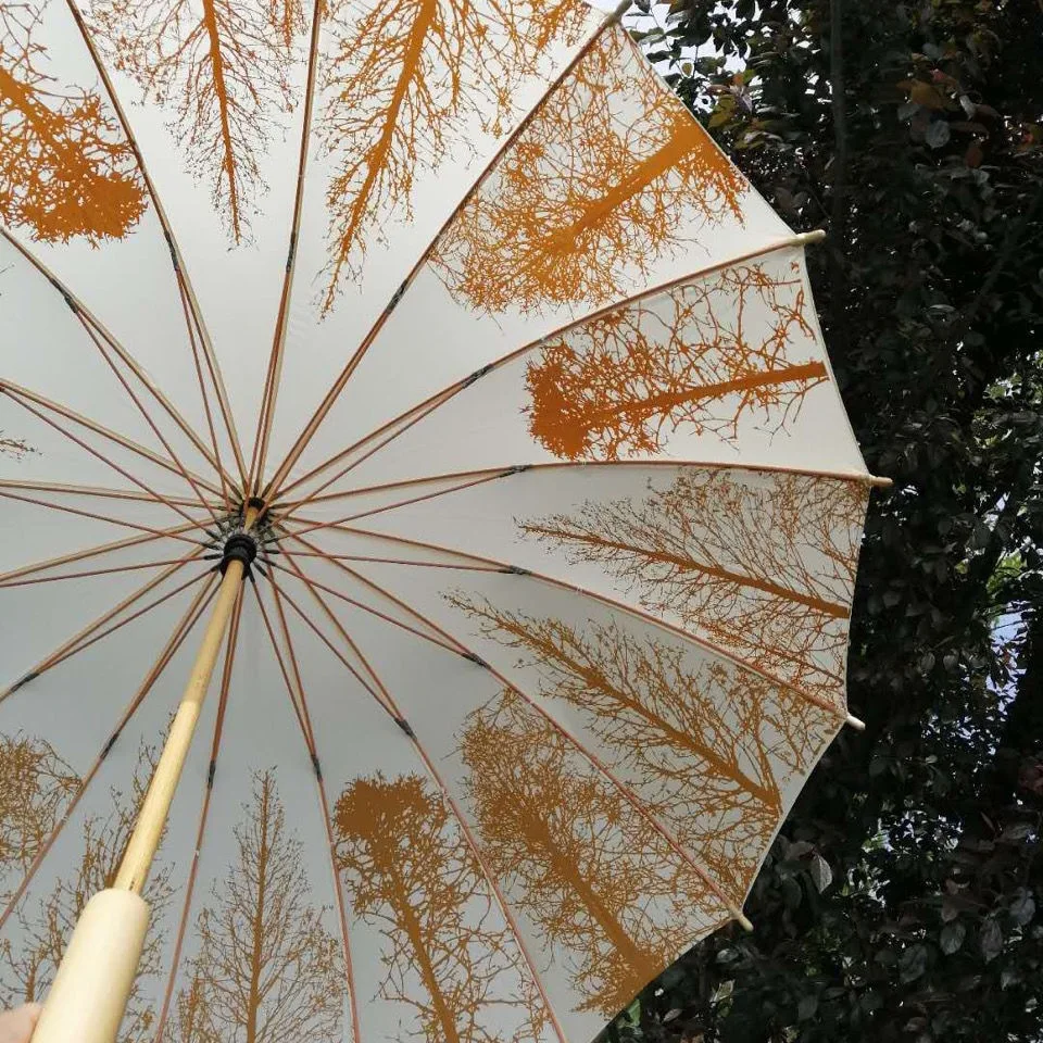 Imagem -03 - Guarda-chuva Transparente com Cabo Longo de Madeira Protetor Solar e Proteção contra Vento Arte Retrô Estilo Nacional Pequeno e Fresco Adesivo Preto 16 Ossos