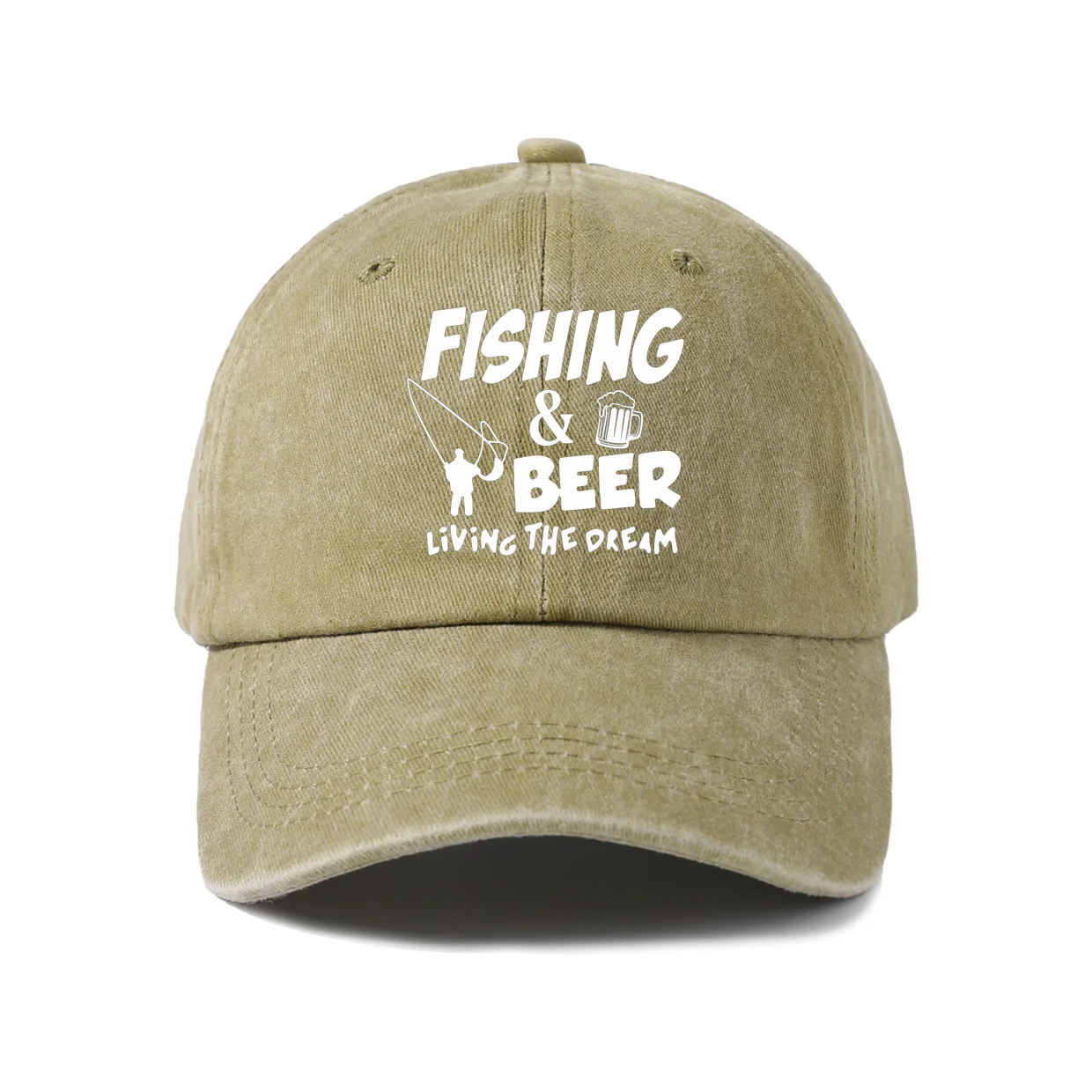 Fishing And Beer Living The Dream Graphic Vintage Washed Baseball Cap, Adjustable Unisex Dad Hat, Casual Gift