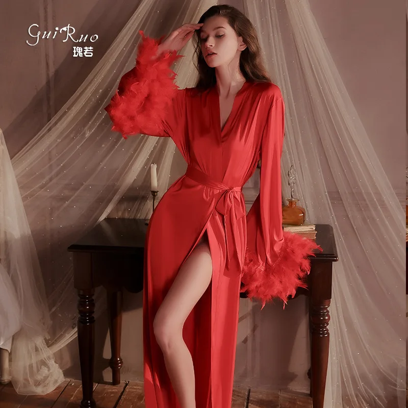 

Red Bride Wedding Robe Dressing Gown With Feather Women Luxury Silky Satin Peignoir Sexy Kimono Long Bathrobe Intimate Lingerie