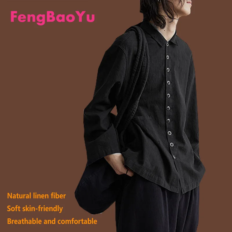 

Fengbaoyu Original Design Linen Spring Autumn Men's Long-sleeved Shirt Casual Shirt 3XL Black Button Cotton Linen Free Shipping