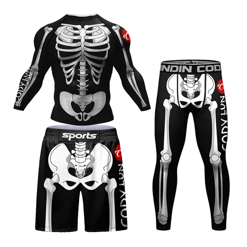 New Skull Kimono Jiu Jitsu Rashguard MMA Compression T-shirt+Shorts Sets Men\'s Rash Guard Sports Suit Bjj Gi Kickoxing Jerseys