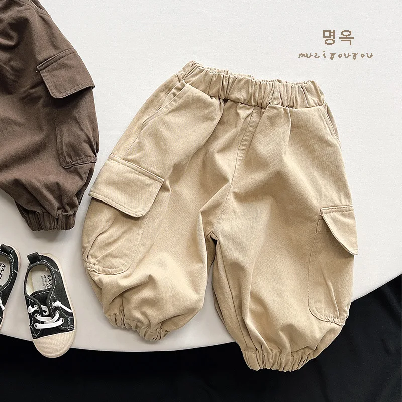 Spring Autumn Children Pants 1-8Y Boys Cotton Pockets Solid Loose Daily Cargo Trousers Korean Toddler Wear Kids Clothes 2024 New