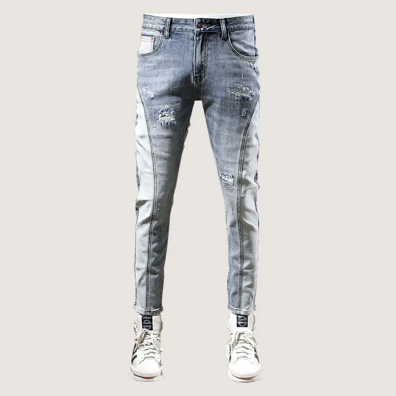 

Streetwear Fashion Men Jeans Retro Light Blue Elastic Slim Fit Ripped Jeans Men Spliced Designer Hip Hop Denim Pants Hombre