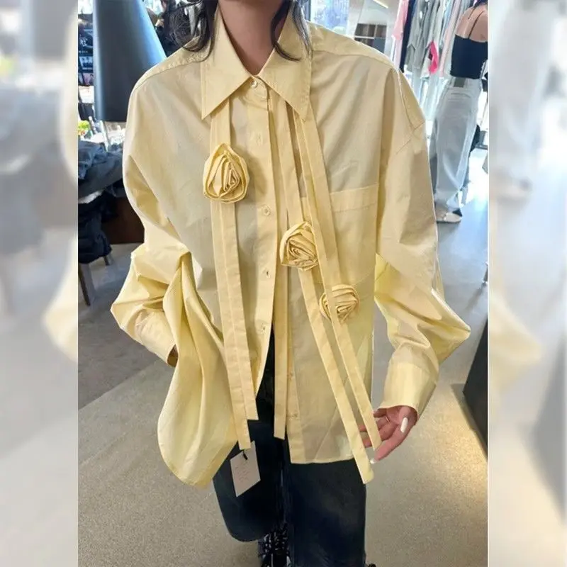 

French Florer Ribbon Shirt for Women New Autumn Long Sleeved Top Ins Style Clothing