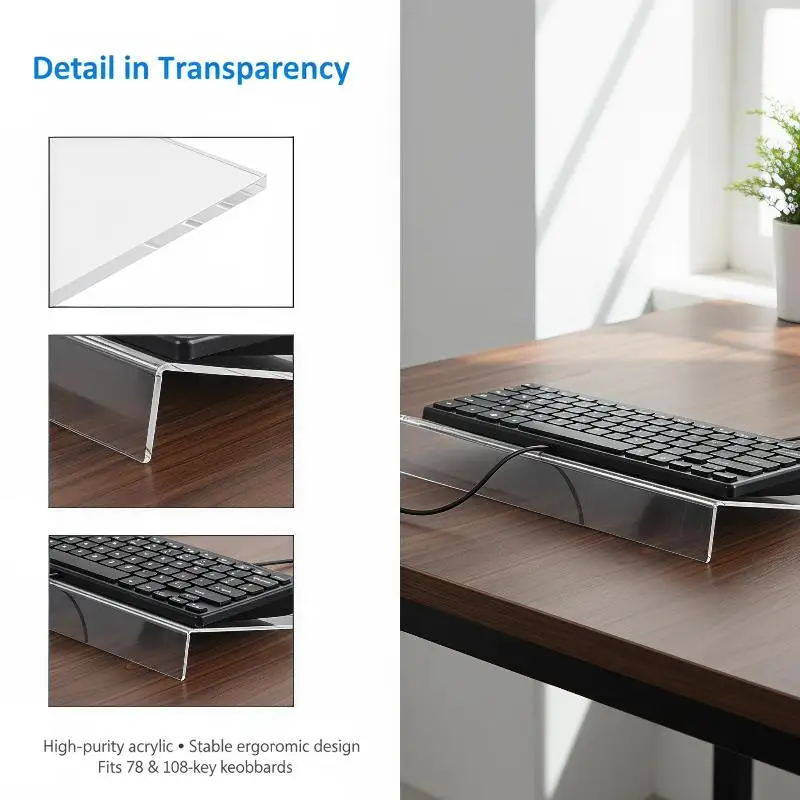 Ergonomic Tilted Clear Acrylic Keyboard Stand, PMMA Height‑Adjustable Desktop Tray for Home & Office Typing Use