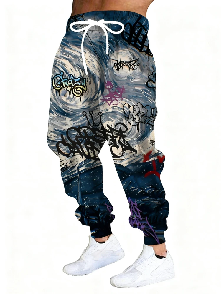 

New Men's 3D Graffiti Print Casual Pants Outdoor Breathable Athletic Pants Stylish Drawstring Streetwear Trousers Mens Cuffed Pa