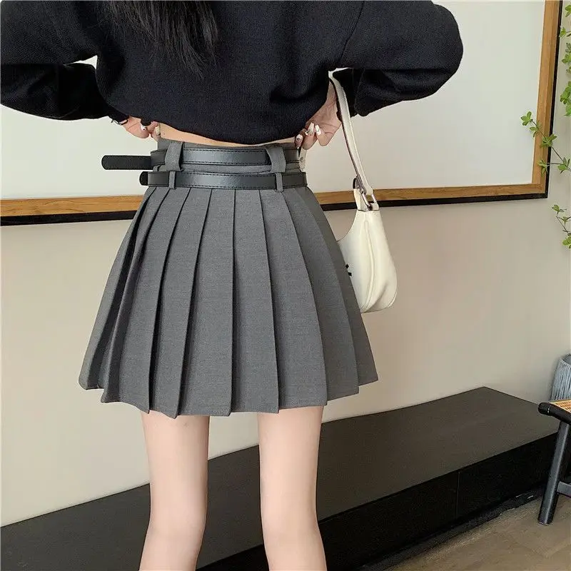

Pleated Mini Skirts Women with Belt High Waist Y2k Korean Streetwear Ins Students Lovely Solid Vintage All-Match Spring Summer
