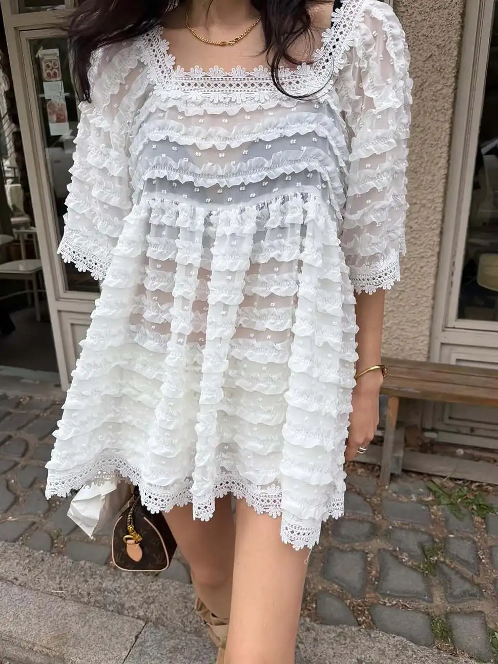 

Lace Trim Heavy Embroidery Hollow out Loose Fit Sweet Style Midi Length Women's Chiffon Top Korean Style Short Sleeve Square ...