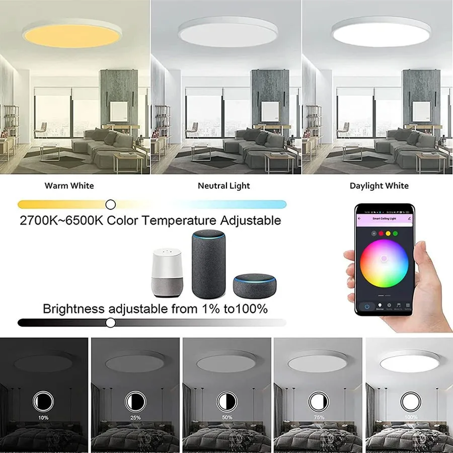 Tuya WiFi Smart LED Ceiling Light RGBCW Full Color Dimmable Lamp, APP Voice Control Work with Alexa Google Home Bedroom Ceiling