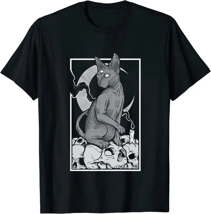 T-shirt do símbolo do gato oculto, renascimento espiritual e ressurreição, padrão do anime, impressão dos desenhos animados, roupa do verão, clássico