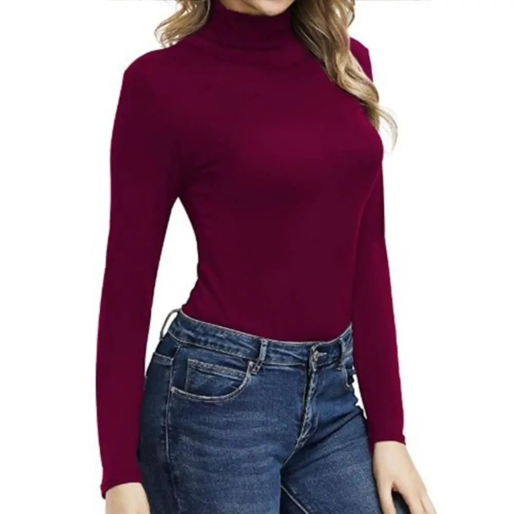 

Women Bottoming Tops High Collar Long Sleeve Slim Fit Pullover Tops Solid Color Basic Turtleneck Blouse Daily Wear