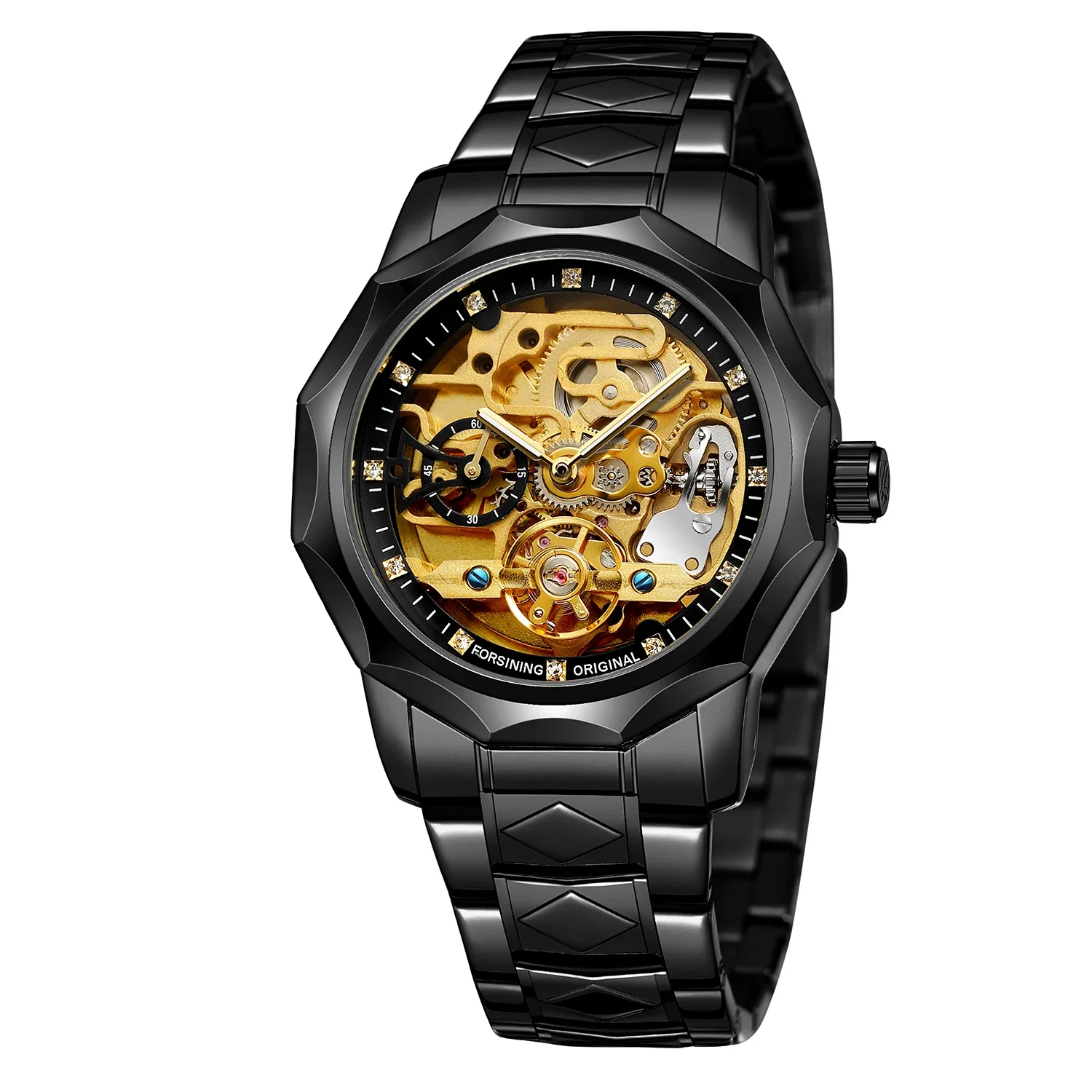 

Роскошные брендовые новые мужские механические часы с автоматическим турбийоном, часы со скелетом и бриллиантами, черные наручные часы из нержавеющей стали, подарок