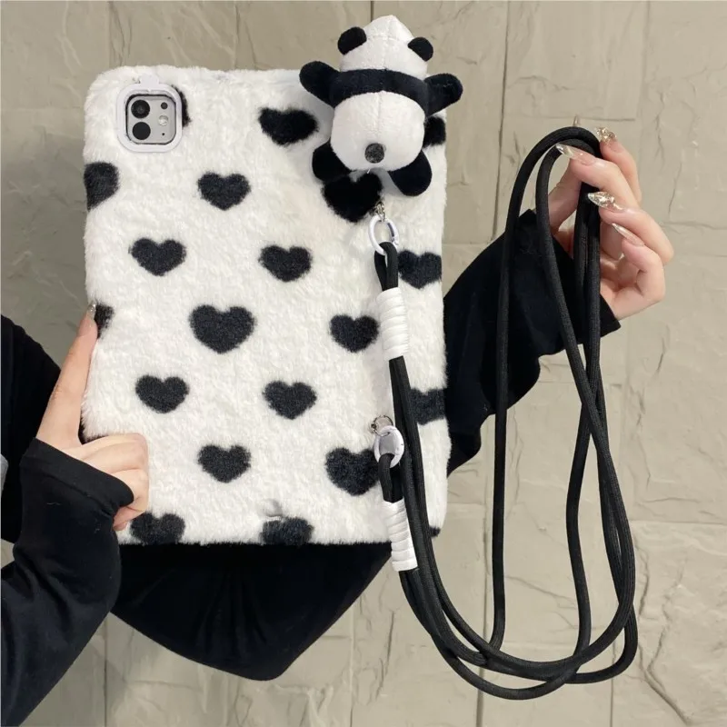 Cute 3D Panda Plush Furry with Lanyard Tablet Case for Lenovo Pad 10.6in M10Plus 3rd Gen Tab K10 Pro 10.6in Shockproof Cover