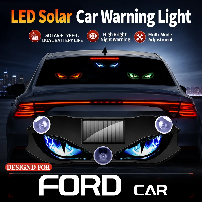 Fit For Ford Car Mounted LED Devil Eye Blinking Light Vibration Sensor Wireless Dynamic Anti Rear End Collision Solar Light