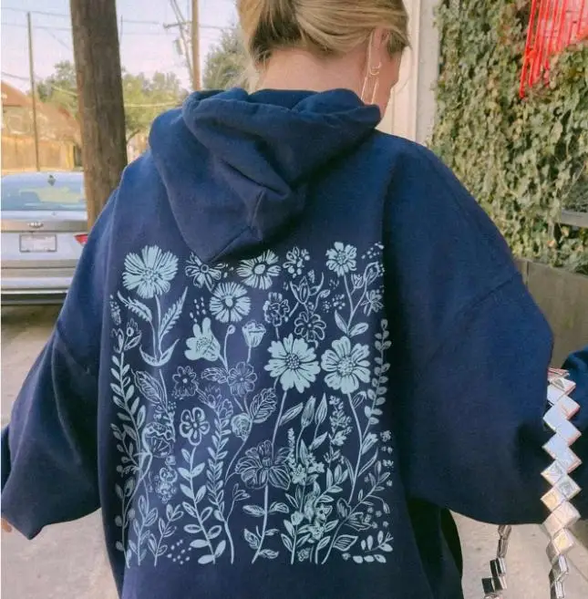 Cottagecore Wildflower Back Print Hoodie Women Botanical Floral Printed Sweatshirt Casual Navy Blue Pullover Loose Outwear Granola Girl