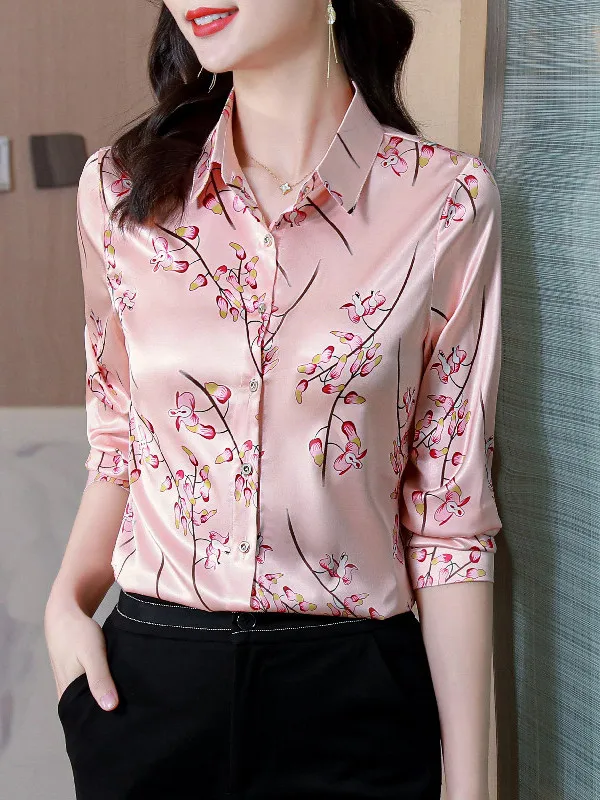 Silk Ladies irt Mom's True Silk Women's irt Silk Faionable Indoor Wear Top Commute Sle Long Sve Collar