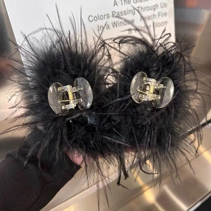 Large Ostrich Feather Hair Clips Women Ladies Elegant  Black White Feather HairpinsWinter Clamps Claw Shark Clip Headwear Pin