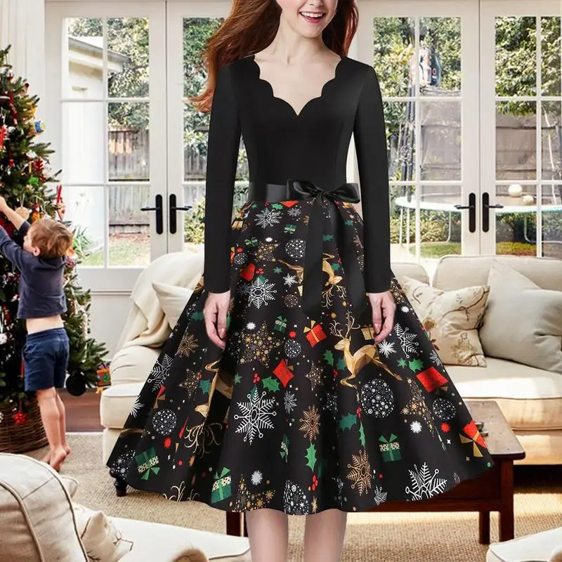 V-Ausschnitt Weihnachts kleid Vintage Langarm Weihnachten gedruckt Party kleid Ballkleid für Mädchen Frauen Festival Kleid perfekt