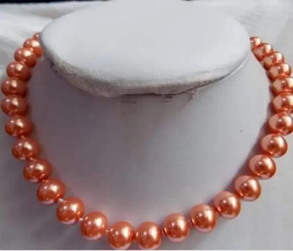 

10mm Orange Shell Pearl Round Beads Necklace 18'' gem