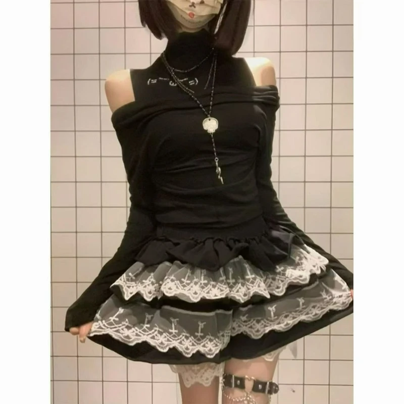 Japanese Gothic Lolita Style 2 Piece Set Women Vintage Off-shoulder Long Sleeves T-shirt Lace Cake Mini Skirt Female Korean Suit view 4