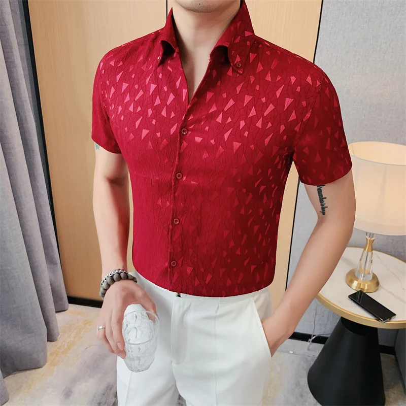 

Summer Men's Social Print Shirts High Quality No Ironing Short Sleeve Mens Dress Shirt Slim Fit Turn Down Collar Prom Tuxedo 4XL