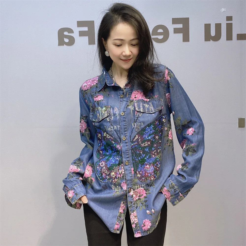 Fashionable New Spring Summer Loose Women Cardigans Top Gradient Floral Printed Hot Diamonds Butterfly Long Sleeve Denim Shirts