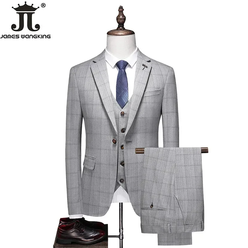 ( Jacket + Vest + Pants ) Fashion Boutique Plaid Mens Casual Business Suit Groom Wedding Dress Formal Slim Plaid Suit