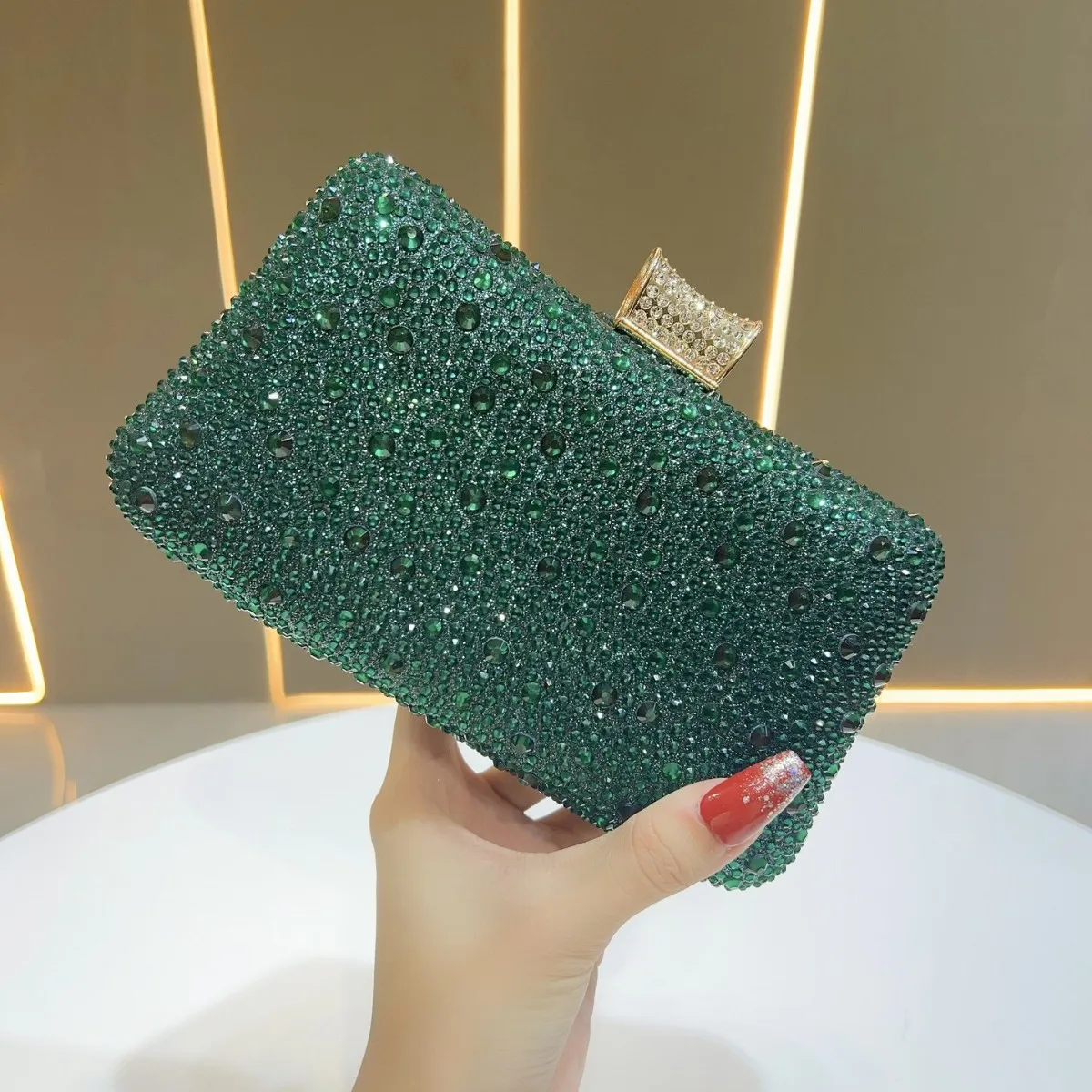 

Champage Silve Green Ladies Rhinestone Evening Bags Luxury Handmade Wedding Party Small Clutch For Women Prom Chain Shoulder Bag