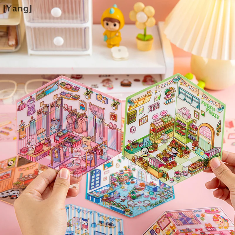 4 conjunto de desenhos animados kawaii cena em miniatura adesivos de empilhamento visual em miniatura 3d paisagem cena adesivos mão conta adesivos