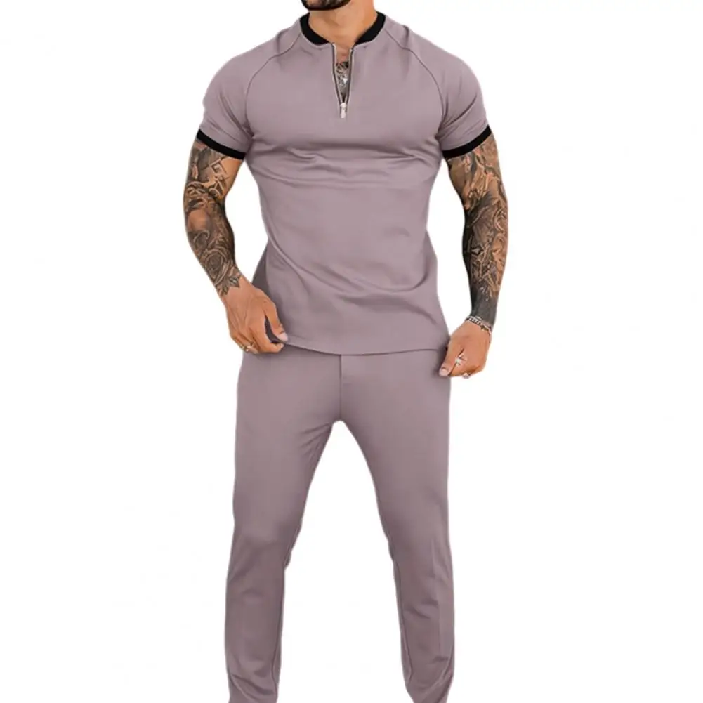 2024 Trend Men's Sport Suit New Short Sleeve Half Zip Stand Collar Pullover+Pants Two Pieces Fashion Solid Casual Slim Male Sets