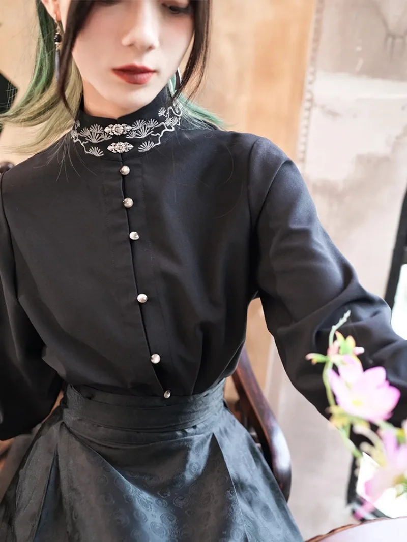 New Chinese Embroidered Stand-up Collar Shirt Female Element National Style Buckle Long Sleeves Inner Top Black Slimming Blouse