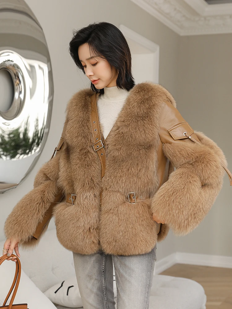 Manteau en fourrure de renard naturel pour femme, veste courte, peau de mouton véritable, épissure chaude, fourrure de renard de luxe, CombLady, haut de gamme, nouveau, 2023