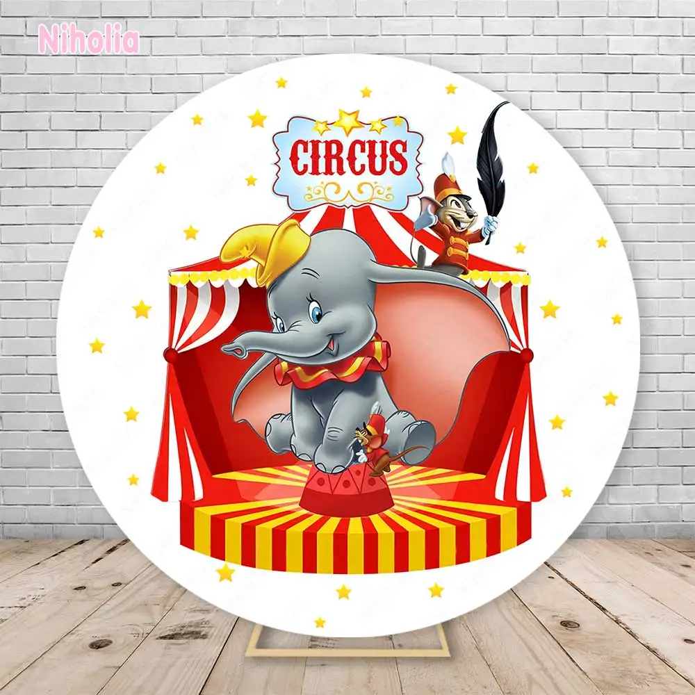 Dumbo Circus Troup Round Backdrop Cover Kid 1st Birthday Party Photography Background Baby Shower Photo Cylinder Decor Banner