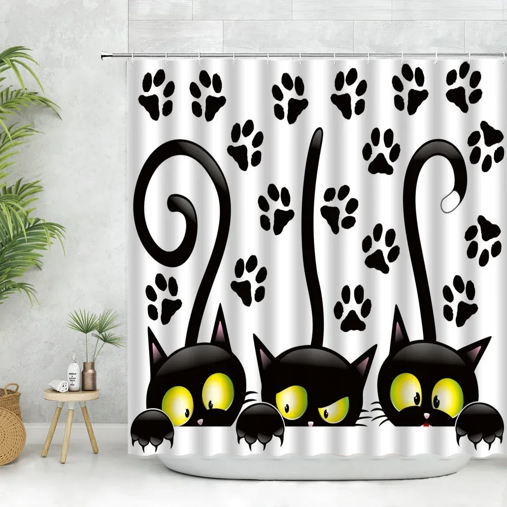 Three Funny Naughty black Cat Shower Curtain Scratching The Wall with His Paws Fabric Bathroom Decor Set Hooks White and Black